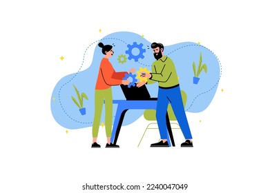 Teamwork concept with people scene in the flat cartoon design. Two people work together on computer settings. Vector illustration.