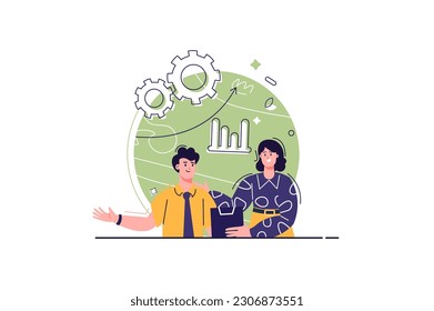 Teamwork concept with people scene in the flat cartoon style. A team of workers performs complex tasks together. Vector illustration.