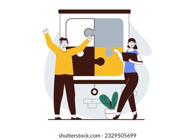 Concepto de trabajo en equipo con escenas de personas en diseño plano para web. Mujer y hombre juntando piezas de rompecabezas, asociación y colaboración laboral. Ilustración vectorial para banner de medios sociales, material de marketing.