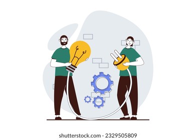 Teamwork concept with people scene in flat design for web. Woman with plug and man with light bulb collaborating and cooperating. Vector illustration for social media banner, marketing material.