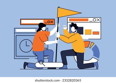Teamwork concept with people scene in flat design for web. Man and woman set flag together, working in cooperation, achieving goals. Vector illustration for social media banner, marketing material.