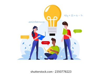 Teamwork concept with people scene in the flat cartoon style. A team of people working together on a new project. Vector illustration.