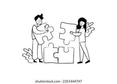 Teamwork concept with people scene in the flat black and white cartoon style. Employees combine their efforts and work together on a large project to achieve maximum success. Vector illustration.