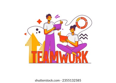 Teamwork concept with people scene in the flat cartoon design. A team of workers joined forces to work together for a common goal. Vector illustration.