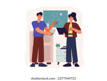 Teamwork concept with people scene in the flat cartoon design. A team of specialists work together on joint tasks by joining forces. Vector illustration.