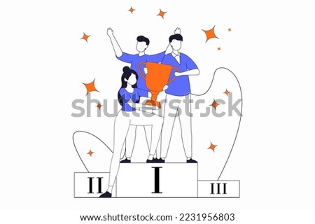 Teamwork concept with people scene in flat outline design. Woman holding golden winning cup and celebrating victory together with colleagues. Vector illustration with line character situation for web