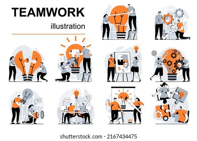Concepto de trabajo en equipo con escenas de personas ambientadas en diseño plano. Las mujeres y los hombres colaboran y trabajan juntos, intercambian ideas y desarrollan negocios. Colección de historias visuales de ilustraciones vectoriales para web