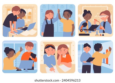 Teamwork concept with people situation set in flat web design. Bundle scenes with multiethnic diverse characters work together, students learning, classmates doing homework. Vector illustrations.