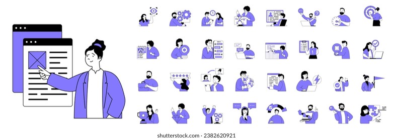 Teamwork concept with people situations mega set in flat web design. Bundle scenes of collaboration, brainstorming, office management. Vector illustrations for social media banner, marketing material.