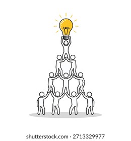 Concepto del trabajo en equipo con la gente que apoya la idea con la bombilla en la parte superior
