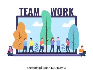 Teamwork concept. People together working. Laptop and trees on the background. Web banner. Vector illustration.