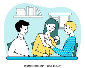 Teamwork concept. People at work in the office. Discussion of business ideas and planning. Black outline. Vector illustration.