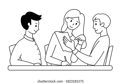 Teamwork concept. People at work in the office. Discussion of business ideas and planning. Paperwork. Black outline. Vector illustration.