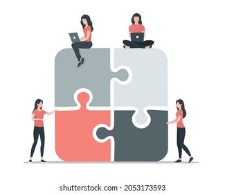 Concepto de trabajo en equipo. La gente trabaja junta. Ilustración vectorial plana de color. Aislado sobre fondo blanco.