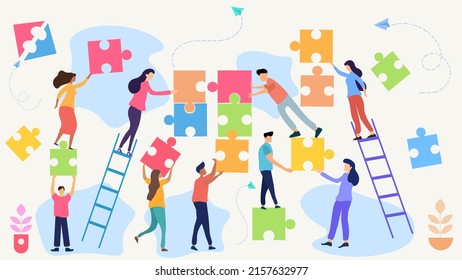 Teamwork concept people working together flat vector illustration, coworking office concept, Team metaphor connecting pieces of puzzles, concept of integration, joint teamwork and partnership.