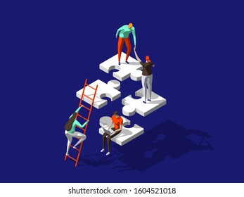 Teamwork concept with persons and puzzle elements. Team Metaphor. Template for web banner, landing page. Flat isometric vector illustration isolated on dark blue background.