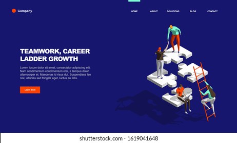 Teamwork concept with persons and puzzle elements. Team Metaphor. Template for web banner, landing page. Flat isometric vector illustration isolated on dark blue background.