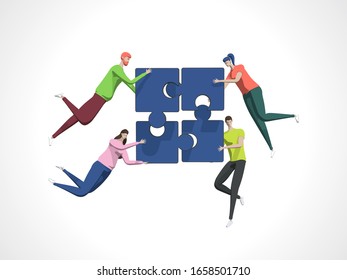 Teamwork concept with persons and puzzle elements. Team Metaphor. Template for web banner, landing page. Flat vector illustration isolated on white background.