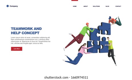 Teamwork concept with persons and puzzle elements. Team Metaphor. Template for web banner, landing page. Flat vector illustration isolated on white background.