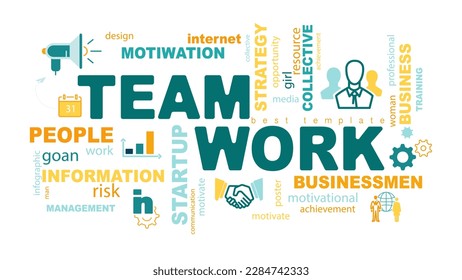 Teamwork concept poster design for office or workspace. Banner with text inscription, Team, work. Inspirational and motivational quotes. Business concept. Vector flat color illustration, yellow, green