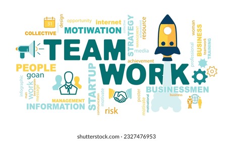 Teamwork concept poster design for office or workspace. Banner with text inscription, Team, work. Inspirational and motivational quotes. Business concept. Vector flat color illustration, yellow, green