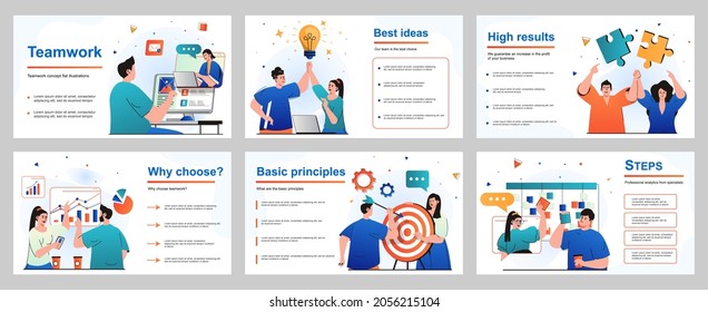 Teamwork concept for presentation slide template. People work together, generate ideas, discuss tasks, analyze data, targeting, achieving goals, collaboration. Vector illustration for layout design