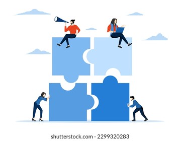 teamwork concept, Project team collaboration, teamwork, partnership or colleagues working together to solve problems and achieve success, businessmen colleagues working together on a jigsaw puzzle.