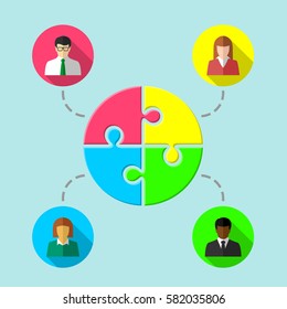 Teamwork concept with puzzle and diverse group of business people