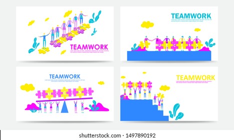 Teamwork concept with puzzle. Flat people wave hand each other on jigsaw to successful goal.can use for landing page, template, ui, web, mobile app, poster, banner, flyer. - Vector