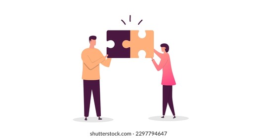  Teamwork concept. Puzzle holding in hands businessman connecting. Cooperation, partnership. Combining two pieces. Symbol of working together