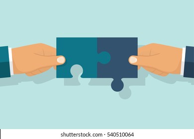 Teamwork concept. Puzzle holding in hands businessman connecting. Vector illustration flat style design. Cooperation, partnership. Combining two pieces. Symbol of working together. Business metaphor.