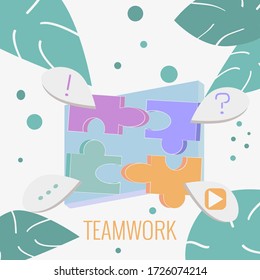 Teamwork concept. Puzzle infographics. Vector illustration in flat style for web banner, infographic, team training. Trendy pastel colors.
