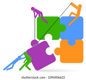 Teamwork concept. Puzzle and people icon. Business people holding puzzle. Vector illustration. Business strategy brainstorming concept.