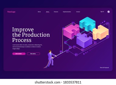 Teamwork concept with puzzle pieces and leverage. Improve production process banner. Vector landing page with isometric illustration of businessman connects jigsaw blocks together