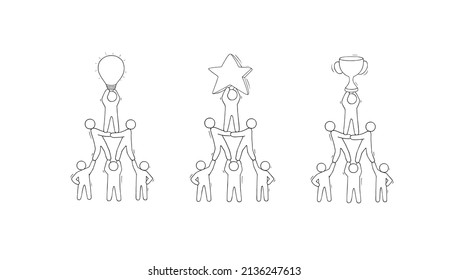 Teamwork concept with pyramid of people holding star, light bulb and gold cup on top. Vector hand drawn illustrations of success team work, company hierarchy, community