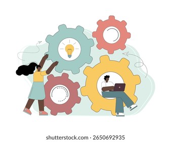 Teamwork concept.  Rotation of a cogwheel, gears. Workflow management.