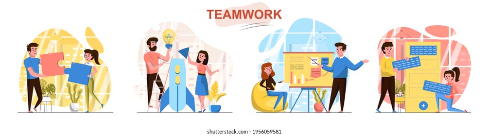 Teamwork concept scenes set. Employees work on project together, launch startup, hold business meeting, collaboration. Collection of people activities. Vector illustration of characters in flat design