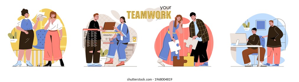 Szenen des Teamwork-Konzepts gesetzt. Die Mitarbeiter arbeiten im Büro zusammen, das Team arbeitet am Projekt, an der Geschäftskommunikation. Sammlung von Aktivitäten. Vektorgrafik von Zeichen in flachem Design