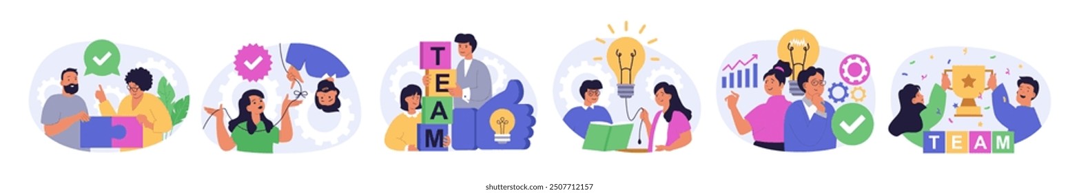 Teamwork concept set in flat design for web. Collection with people working together, solving project puzzles, supporting colleagues, brainstorming and developing new ideas. Vector illustration.