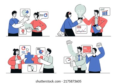 Teamwork concept set in flat line design. Men and women work together, discuss tasks, generate ideas, analyze data, collaboration and partnership. Vector illustration with outline people scene for web