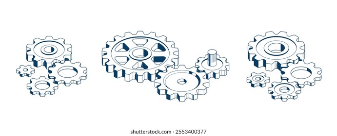 Teamwork concept set, gears and cogs composition isometric 3D vector illustration, business team cooperation metaphor, mechanical engine.