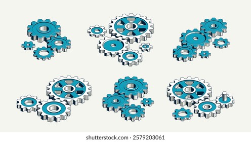 Teamwork concept set, gears and cogs composition isometric 3D vector illustration, business team cooperation metaphor, mechanical engine.