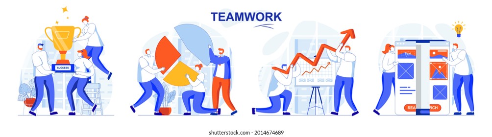 Teamwork concept set. Team works together, develops business, receives awards. People isolated scenes in flat design. Vector illustration for blogging, website, mobile app, promotional materials.