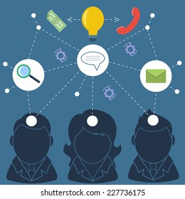 Teamwork concept with silhouettes of business people in formal wear surrounded business process icons