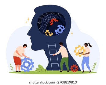 Conceito de trabalho em equipe com pessoas pequenas fixando engrenagens dentro de uma cabeça humana simbolizando apoio à saúde mental, terapia, recuperação psicológica e bem-estar emocional ilustração vetorial isolada