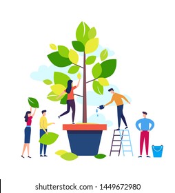 Teamwork concept. Small people are working together on tree planting. Web banner. Vector flat colorful illustration