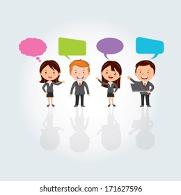 Teamwork concept. Social Media. Group of International business people with chat or thinking bubbles.