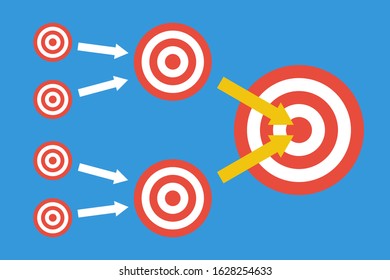Teamwork concept. Step-by-step leader way. From small objectives to great target.