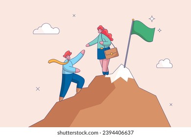 Teamwork concept. Support and collaboration to achieve target, cooperation, team help each other to success in job. Businessman holding hand helping team colleagues climbing to reach business goal.