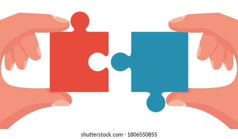 Teamwork concept. Symbol of association and connection. Puzzle hold in hands businessman. Vector illustration flat style design. Cooperation, partnership. Working together. Business strategy metaphor.